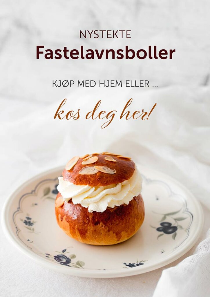 Plakat med saftige fastelavnsbolle med pisket krem.